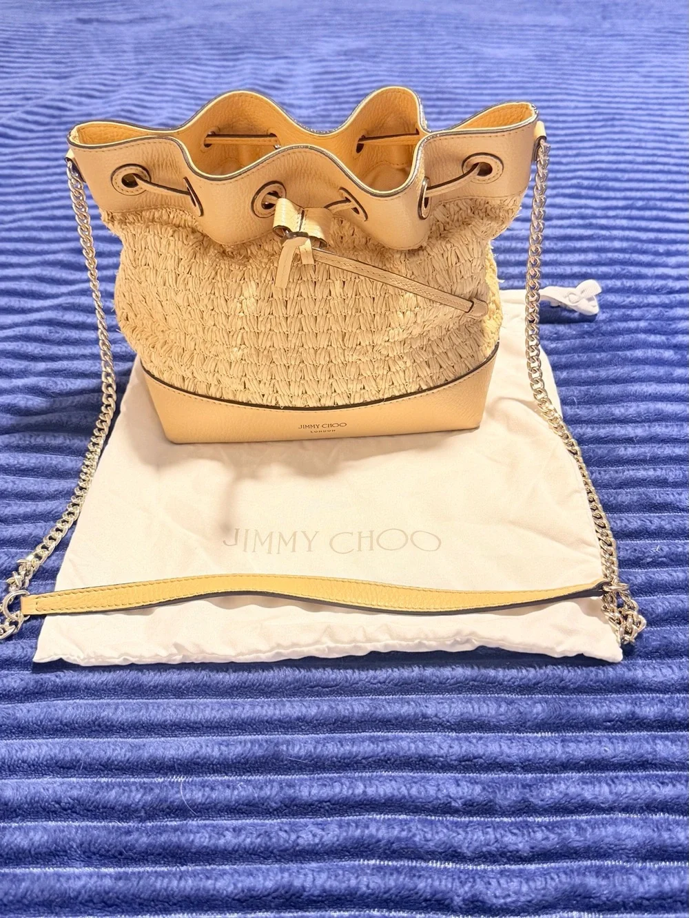 Jimmy Choo Yellow Straw & Leather Drawstring Bucket Bag